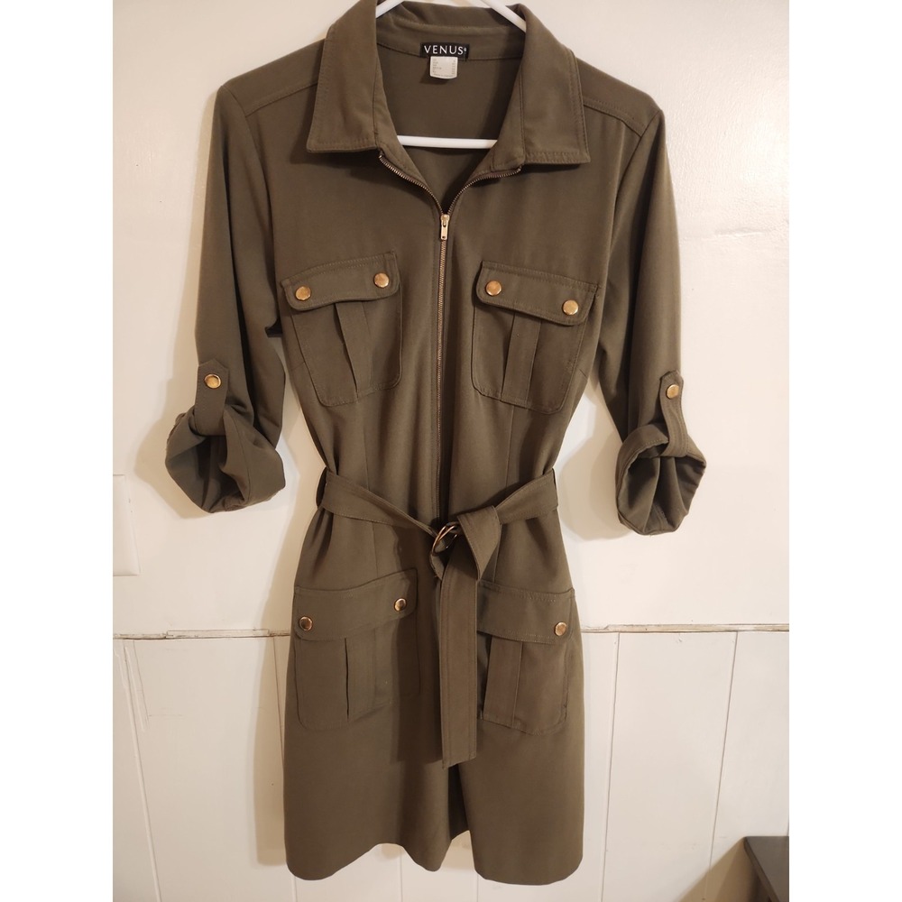 Venus Olive Green Utility Shirt Dress Size 8 Zip Front Belted Safari Pocket Midi